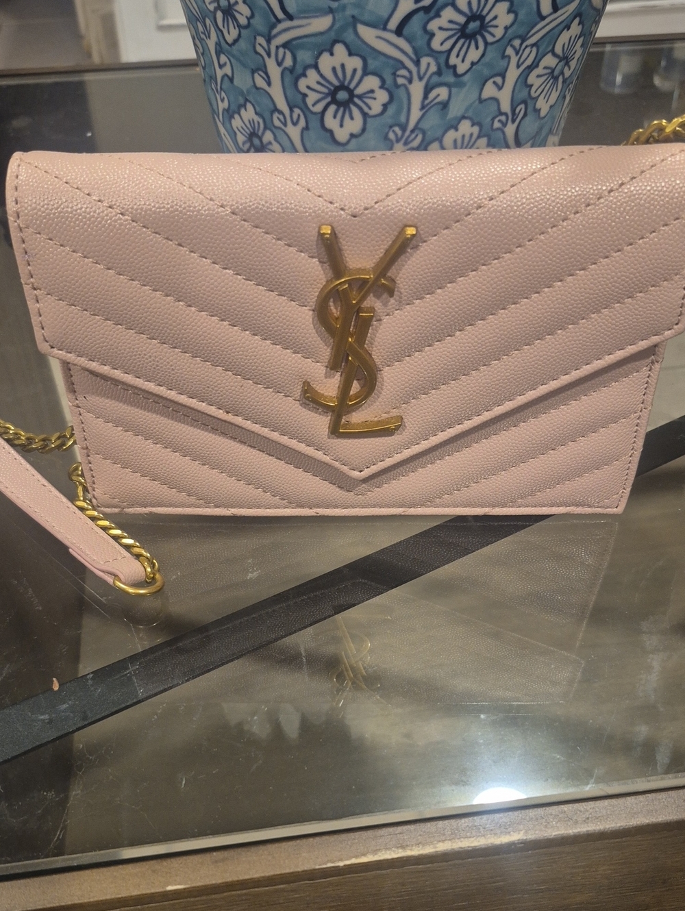 Saint Laurent pale pink quilted leather YSL chain crossbody